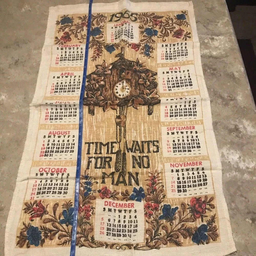 1965 Kitchen Calendar Tea Towel Cuckoo Clock Wall Hanging Granny Core MCM